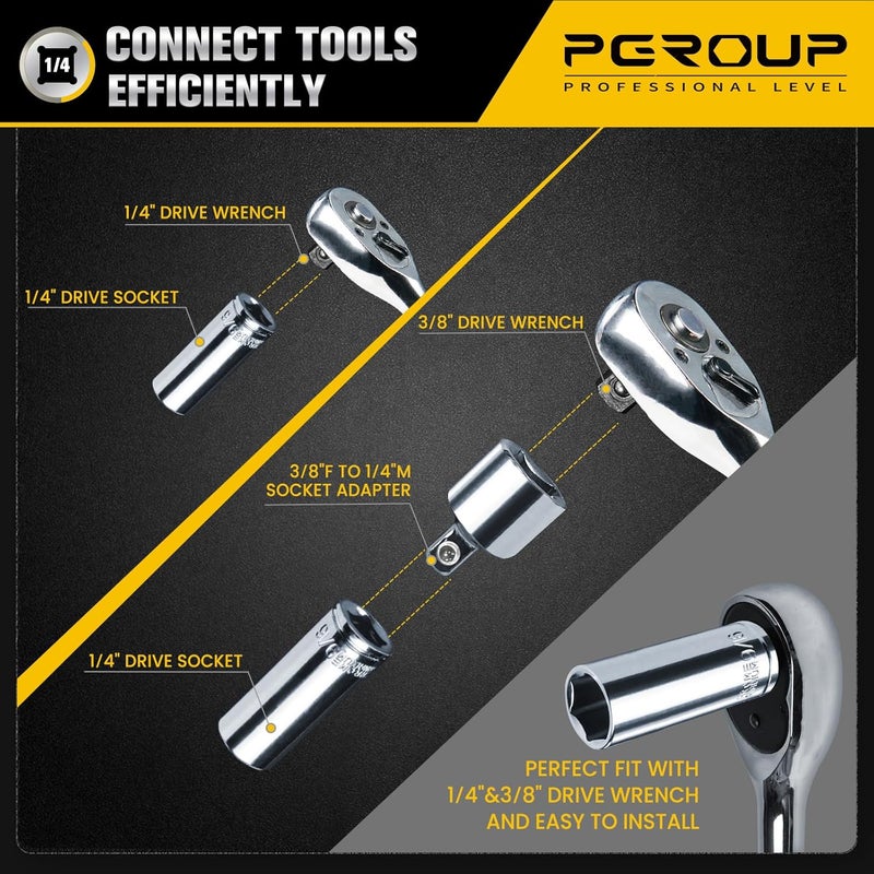 pgroup 1/4” Drive SAE Socket Set, 11PCS Deep Hex Socket Set (3/16”-9/16”), Cover Most Commonly Sizes, Chrome Vanadium Steel with 3/8”F to 1/4”M Socket Adapter - Image 3